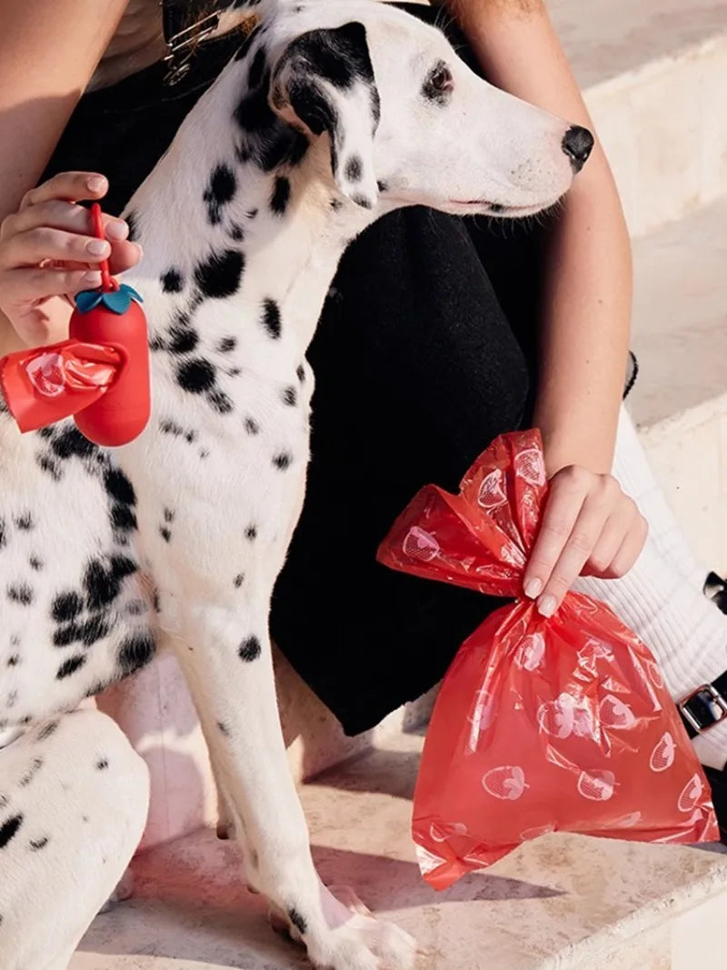 7 Rolls Dogs Poop Bags Dispenser Strawberry Scented Eco Friendly Dogs Waste Bag Thick Biodegradable Puppy Garbages Bag Collect