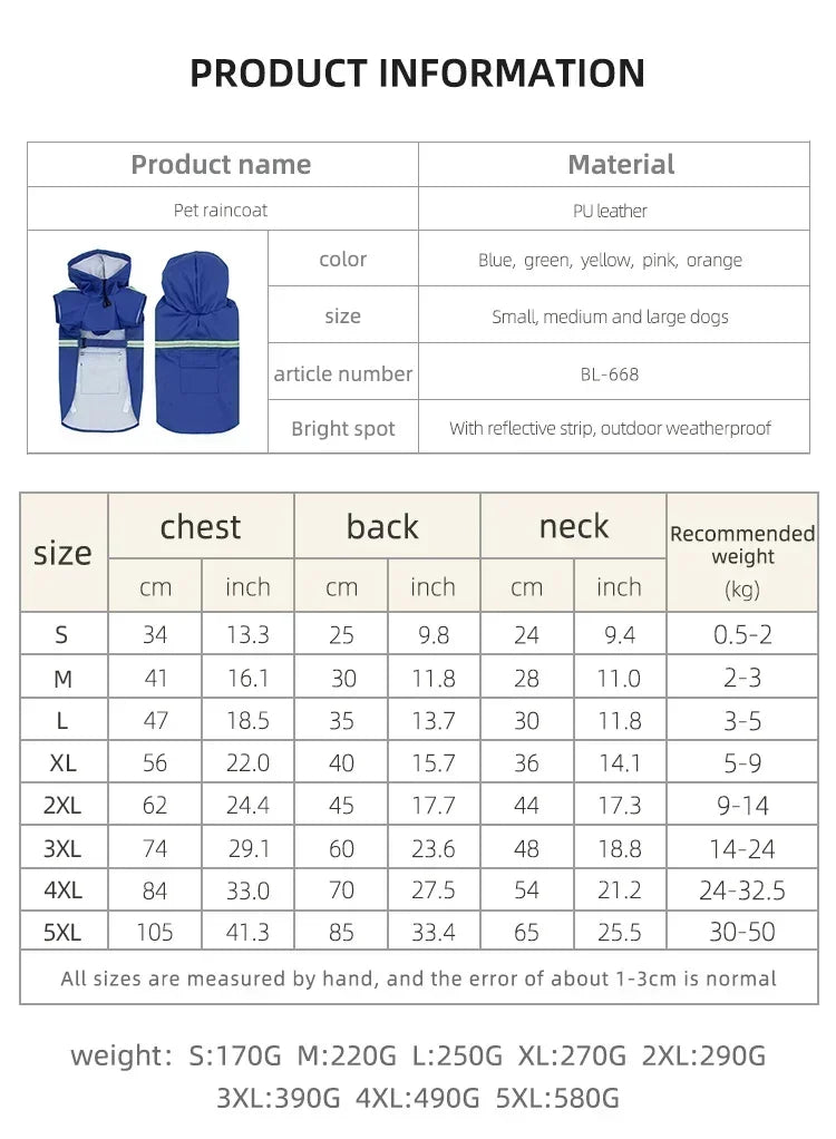 Hooded Dog Raincoat - Windproof & Rainproof Cape with Reflective Strips, All-Weather Pet Clothing for Small/Large Dogs